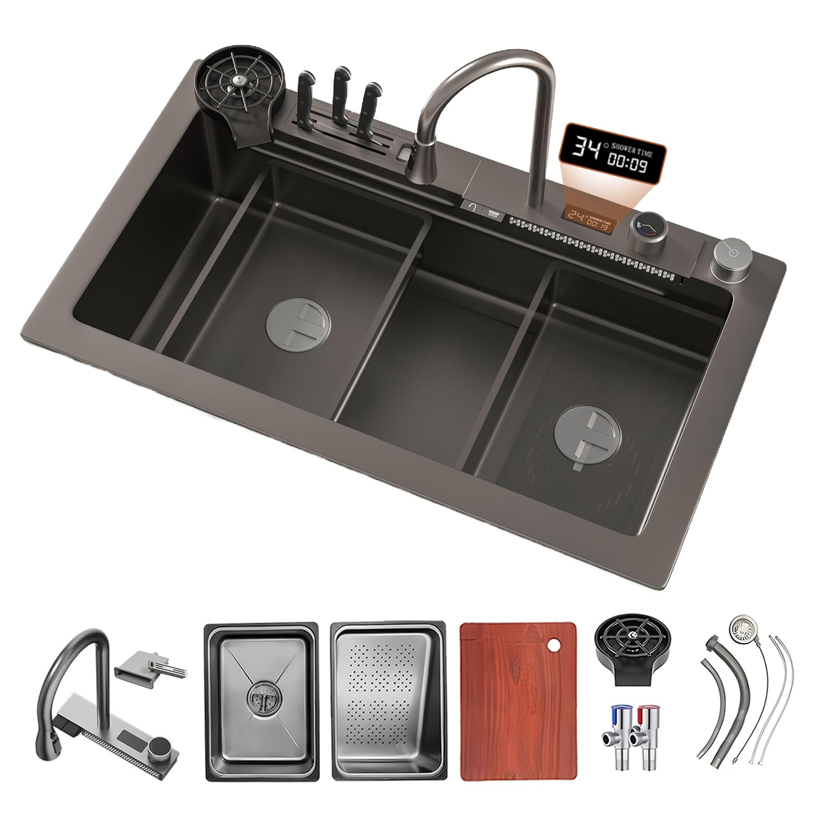 WIQUYBML 75 x 45 cm Sink Waterfall with Accessory Set, Kitchen Sink, Multifunctional Bar 1 Basin, Built-in Chopping Board, Siphon, Overflow and Drain Set