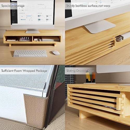 Miniatura 2 de Zri Bamboo Soporte para monitor de computadora con cajón, soporte doble para computadora portátil, elevador de monitor único con almacenamiento,