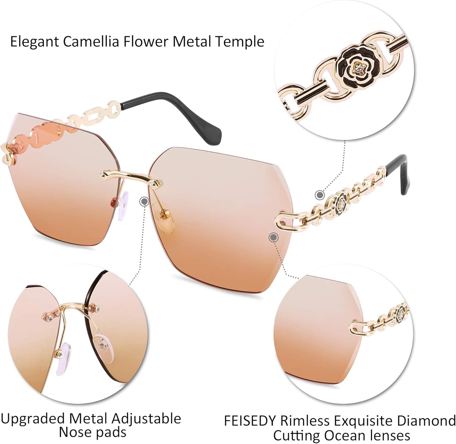 FEISEDY Classic Rimless Sunglasses Women Metal Frame Diamond Cutting Lens Sun Glasses B2567 - Image 5
