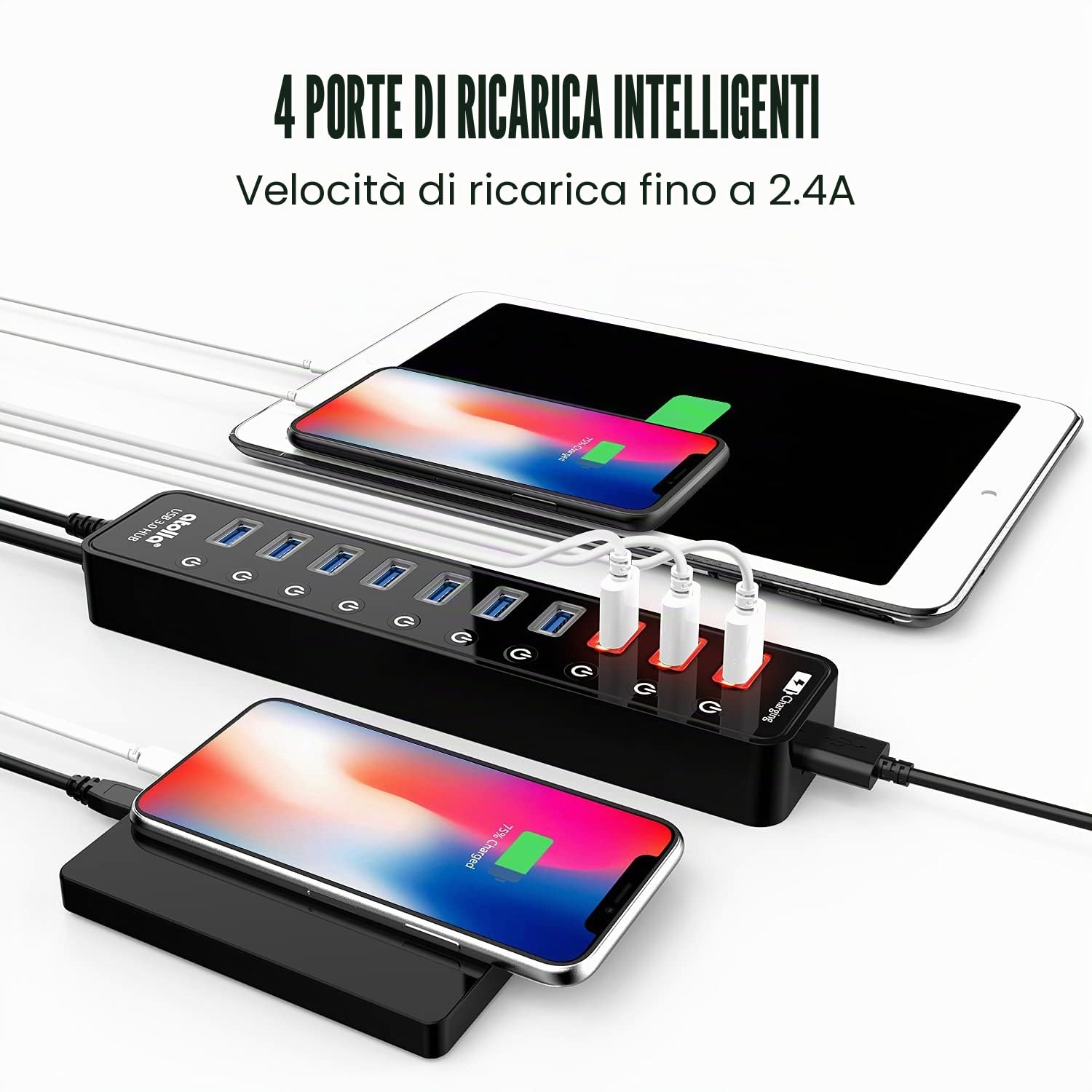 Atolla Hub USB attivo 3.0 con alimentatore di rete da 48 W (12 V/4 A), splitter di estensione USB 3.0 a 11 porte (7 porte dati + 4 porte di ricarica intelligente) con interruttore on/off singolo e