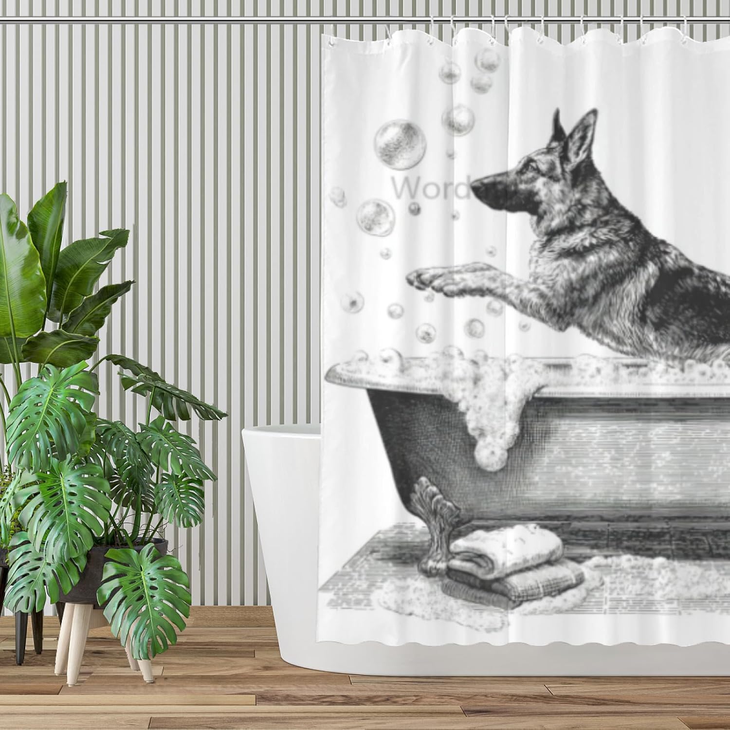 German Shepherd Shower Curtain Bathroom Set 72x72 Inches Cartoon Cute Kids Sketch Animal Pet Dogs Lover Bath Accessories Dog Art Home Decor Fabric 12Hooks