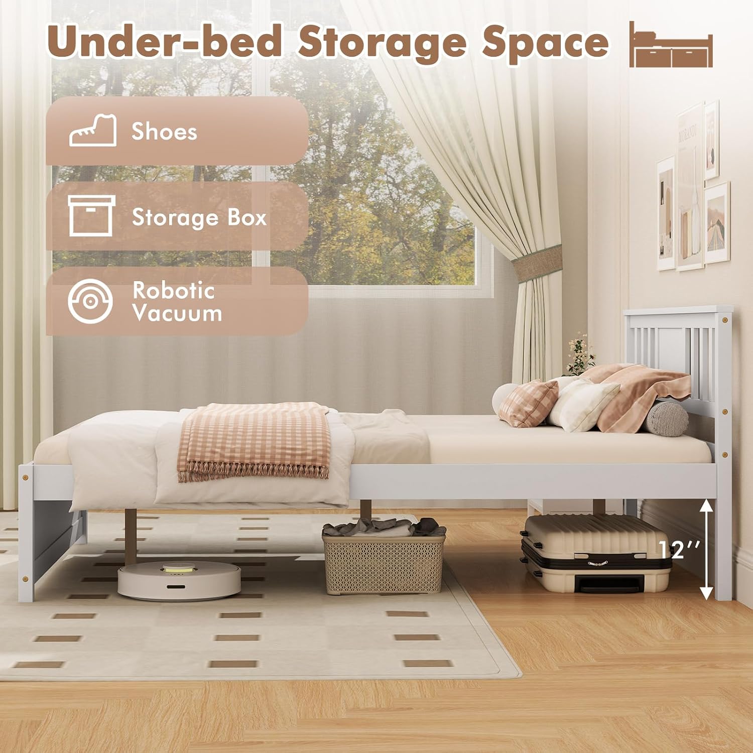 Image showing the 12-inch under-bed clearance with examples of items stored, such as shoes, a storage box, and a robotic vacuum.