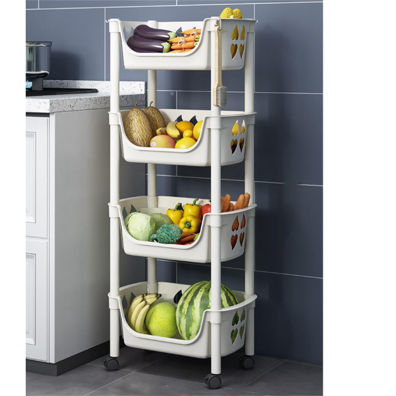 Estante de almacenamiento de cocina con ruedas, cesta de frutas y verduras, estante de almacenamiento de alimentos de varios niveles para cocina, despensa, baño, sala de estar (beige)