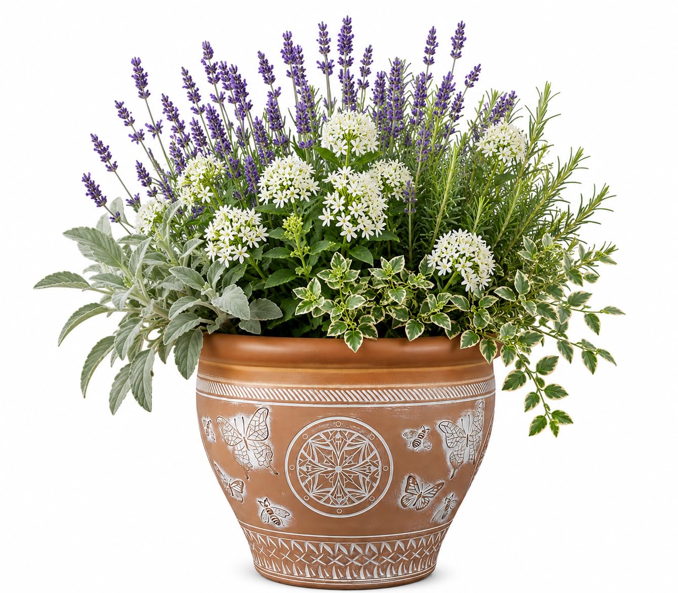Decorative Outdoor Garden Planter Pot with Ornamental Pattern | Large Plastic Flower Plant Tree Pot | Frost Resistant Weatherproof Patio Herb Container with Drainage Hole (Terracotta, 36.5 Litre)