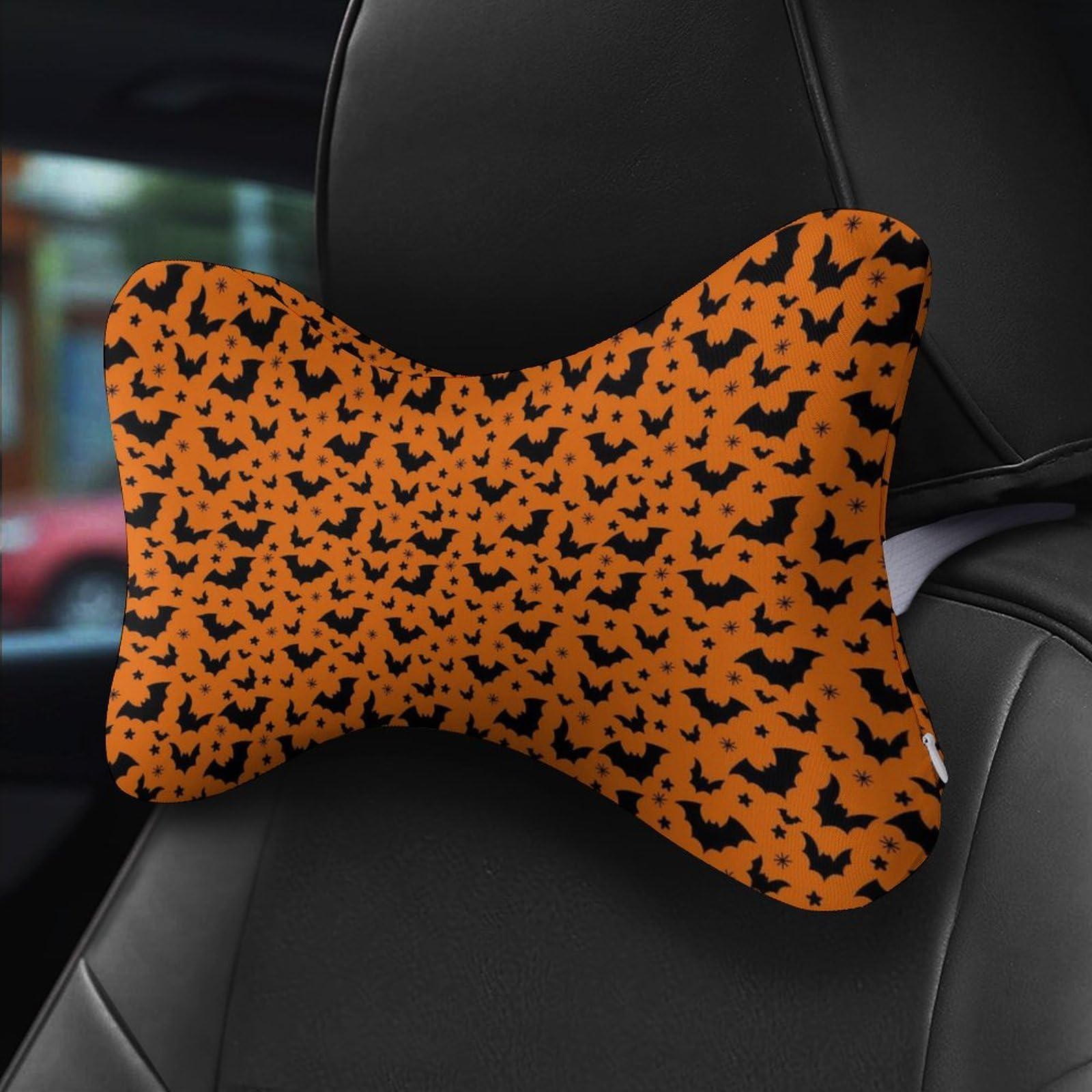 SMAZDFXX Halloween Bats Orange Car Neck Pillow Set of 2 Car Seat Head Support Cushion Bone Pillows with Elastic Strap