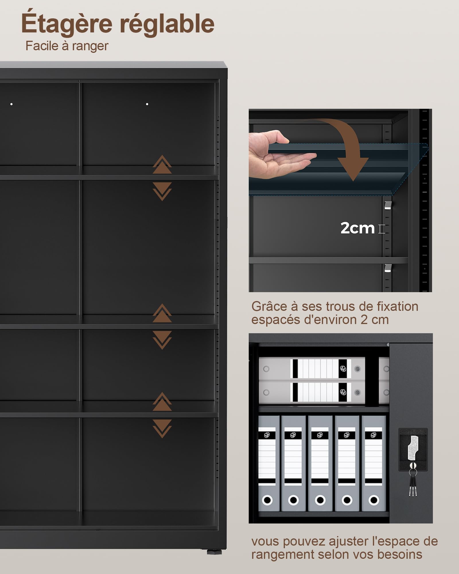 LAND·VOI Armoire en Acier 4 Niveaux avec Serrure Étagères Réglables Portes Battantes Armoire de Bureau Rangement Métallique pour Bureau Garage Cuisine Atelier 80×40×131.5 cm Noir