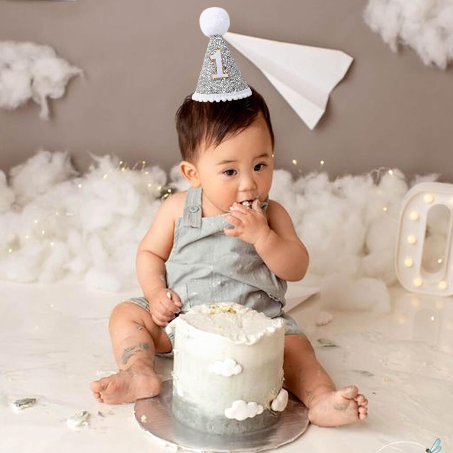 Baby's Cone Silvery 1st birthday Crown - Natural Boho 1st/First Birthday Decorations,1st Birthday Hat, Cake Smash Photo Prop. (Silver Boho Birthday Hat) - Image 4