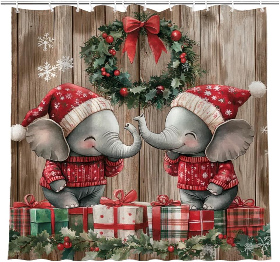 Christmas Elephant Shower Curtain Animal Funny Snowflake Winter Holiday Festival 72x72(WxH) Inches Bathroom Decor Fabric Curtain with 12 Hooks