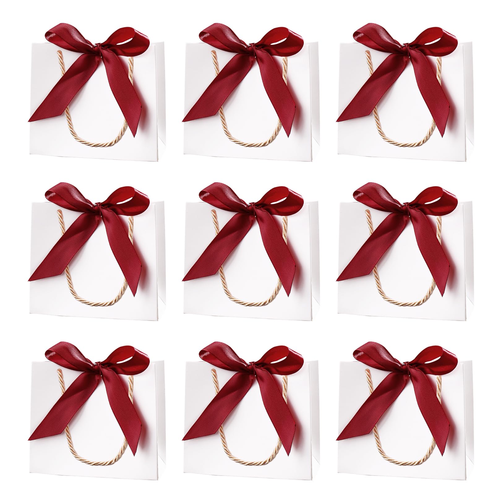 10 Pack Small White Gift Bags with Ribbons and Handles - Mini Party Favour Bags for Wedding Baby Shower (5.51 x 2.36 x 4.72 inches, Wine Red Ribbons)