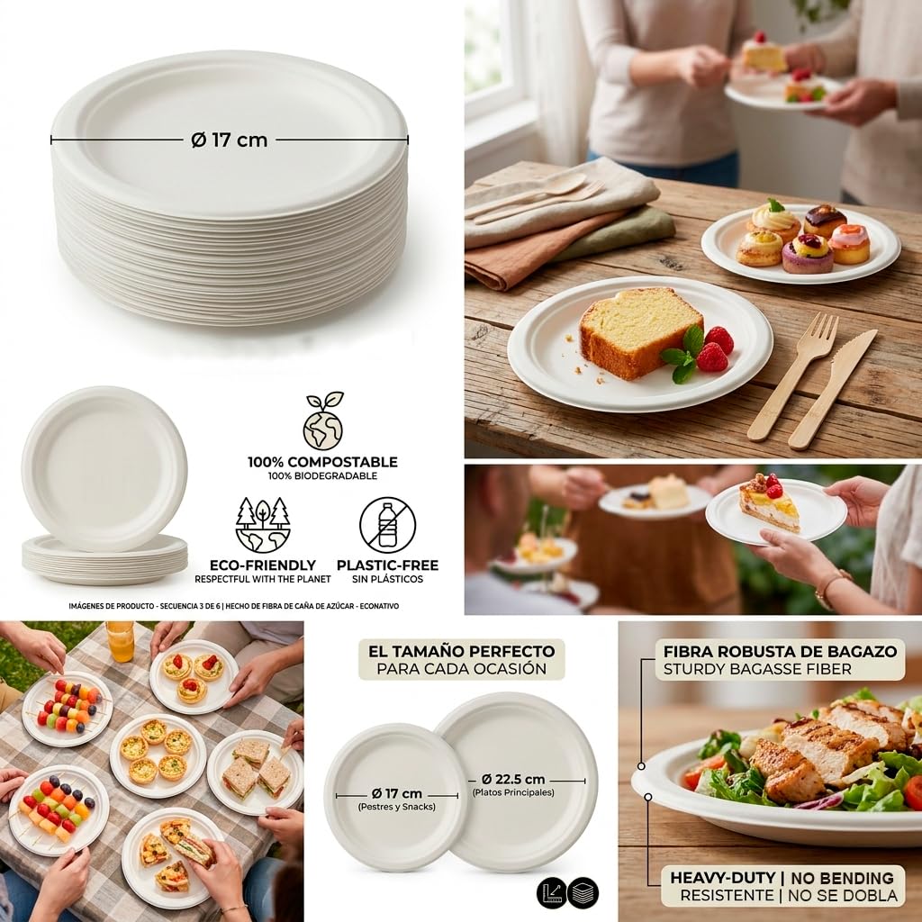 Econativo Platos 17 cm Desechables de Fibra de Caña de Azúcar – Pack 50 Unidades – Compostables, Resistentes y Ecológicos – Vajilla para Postres, Aperitivos y Uso Diario — view 7