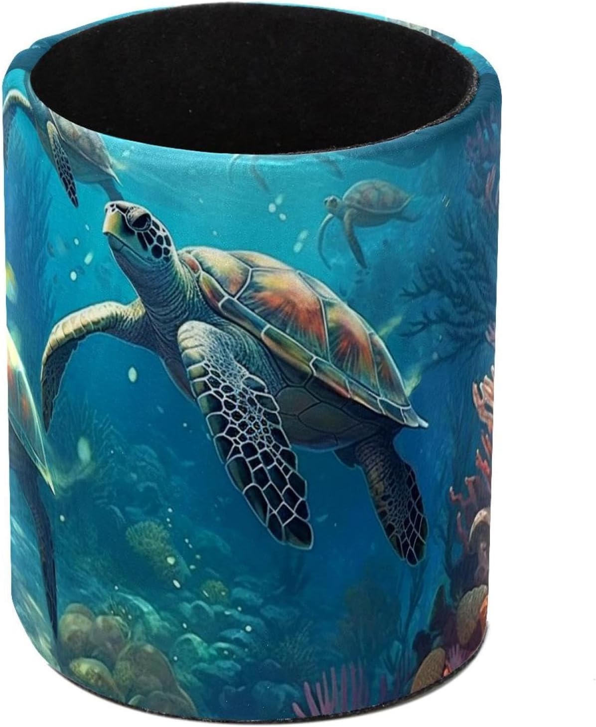 Decorative Pen Holder Stand for Desk Accessories, PU Leather Waterproof Pencil Marker Makeup Brush Cup, Stationery Organizer for Office, School, Home (Deep Ocean Turtle)