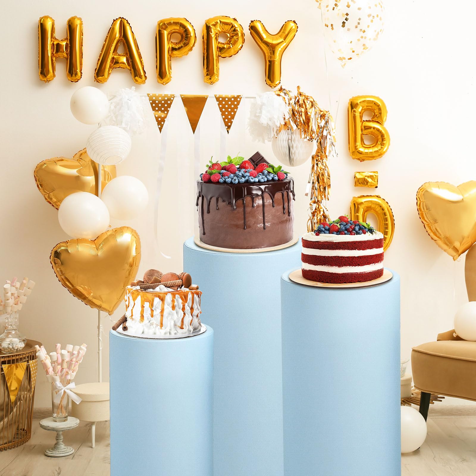 QUARKZMAN Set of 5 Cylindrical Base Covers in Light Blue Spandex, Wedding Decoration
