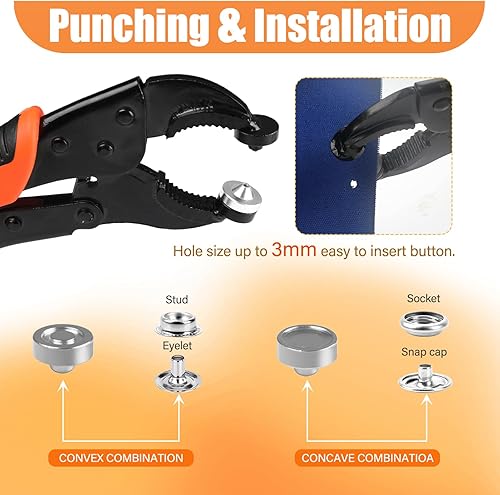 Miniatura 11 de NVAAV Juego de 60 herramientas de cierre a presión, botones de metal de 0.59 pulgadas + alicates resistentes para cuero, broches de cubierta