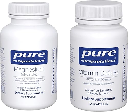 Pure Encapsulations Suplemento de magnesio (glicinato) (90 cápsulas) y suplemento de vitamina D3 y K2 (120 cápsulas) - Apoya la salud