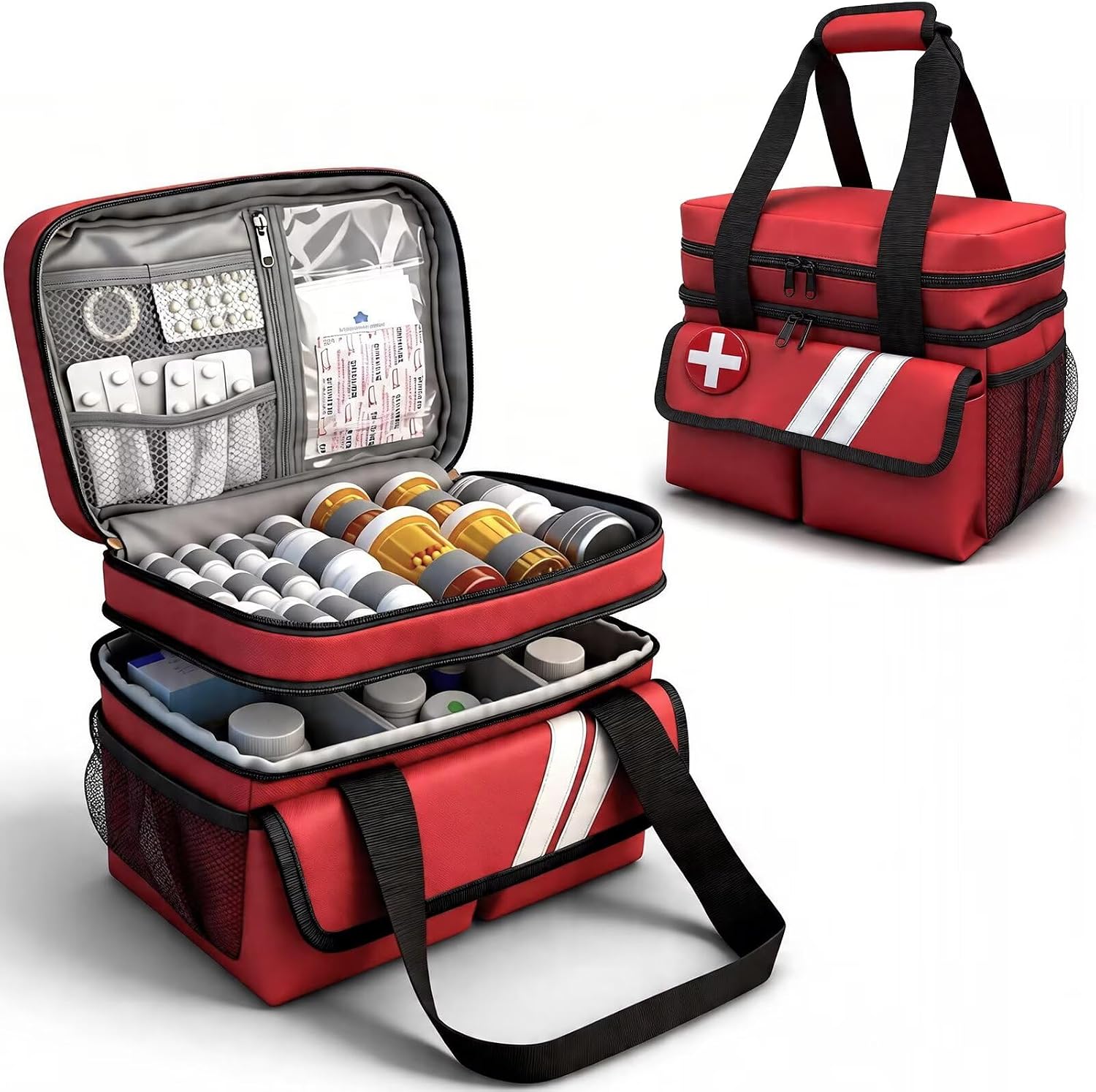 Double Layers Medicine Organizer Storage Bag with Dividers, First Aid Bag with Medic First Aid Badge, Medical Bag for Medical Supplies & Equipment
