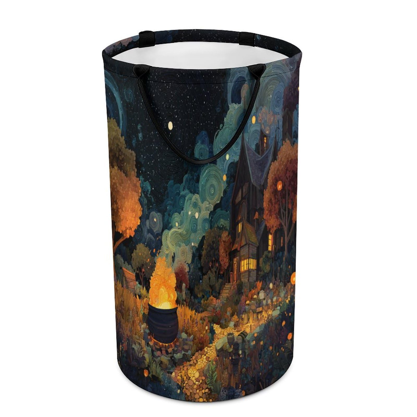 LUYYSKY Funny Cartoon Spooky House Collapsible Dirty Clothes Basket, Oil Painting Colorful Halloween Starry Sky Forest Fantasy Castle Portable Clothes Storage Basket