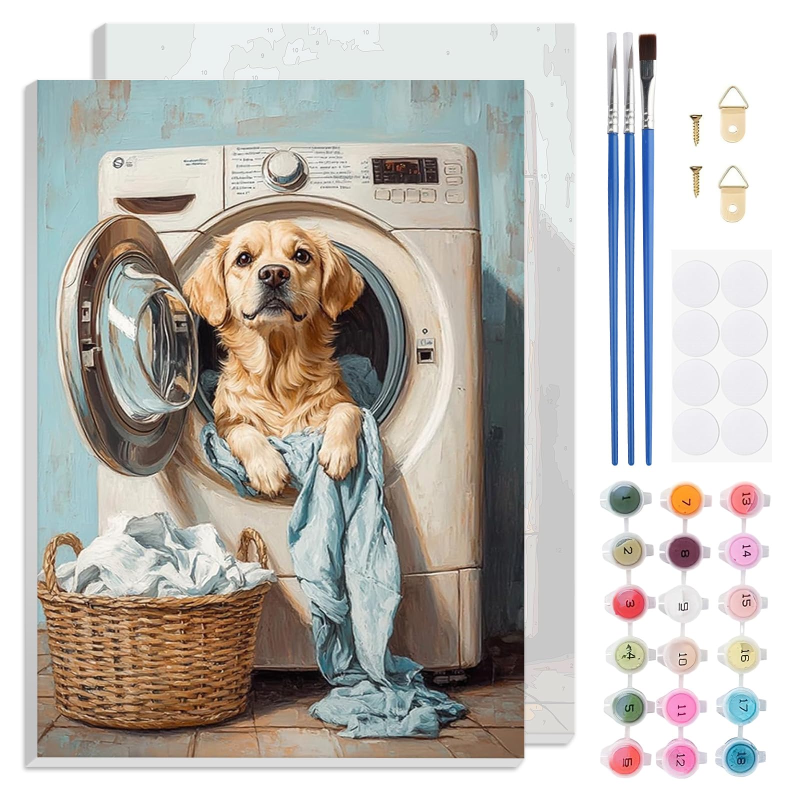 TLIOBLO Dog Paint by Numbers Kits with Frame for Adults Beginners, DIY Washing Machine Painting by Numbers on Canvas for Home Wall Decor Gifts 20x30cm