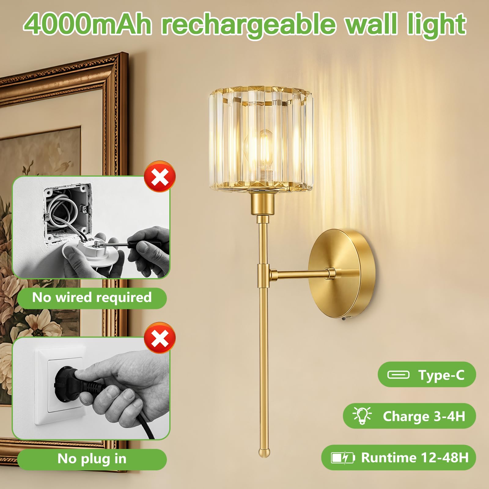 Kimjo LED Wandleuchte Innen Akku, Vintage Gold Kristall Wandlampe Innen Dimmbar, Kabellose Wandleuchte Ohne Stromanschluss, USB-C Aufladbare Wandleuchte für Wohnzimmer Schlafzimmer Flur, 2 Stück