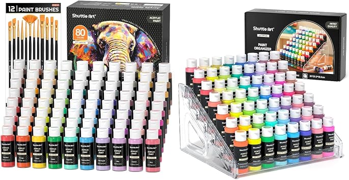 Shuttle Art Acrylic Painting and Paint Organizer Bundle, 80 Colors Acrylic Paint Set 2oz/60ml with 12 Paint Brushes and 7-Layer Clear Paint Organizer