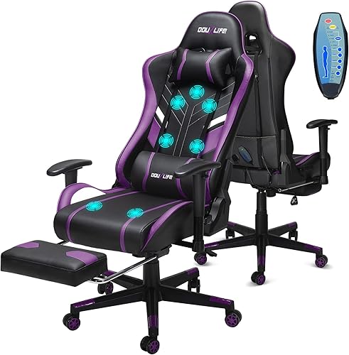 Vista 11 de Douxlife Silla de masaje para juegos de 7 puntos con reposapiés, silla ergonómica resistente de 400 libras, asiento de carreras de respaldo alto