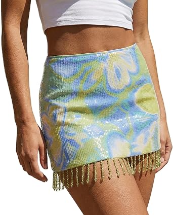 Women Sequin Tassel Skirt Glitter Sparkly Fringe Low Waist Stretchy Bodycon Mini Skirts Night Out Party