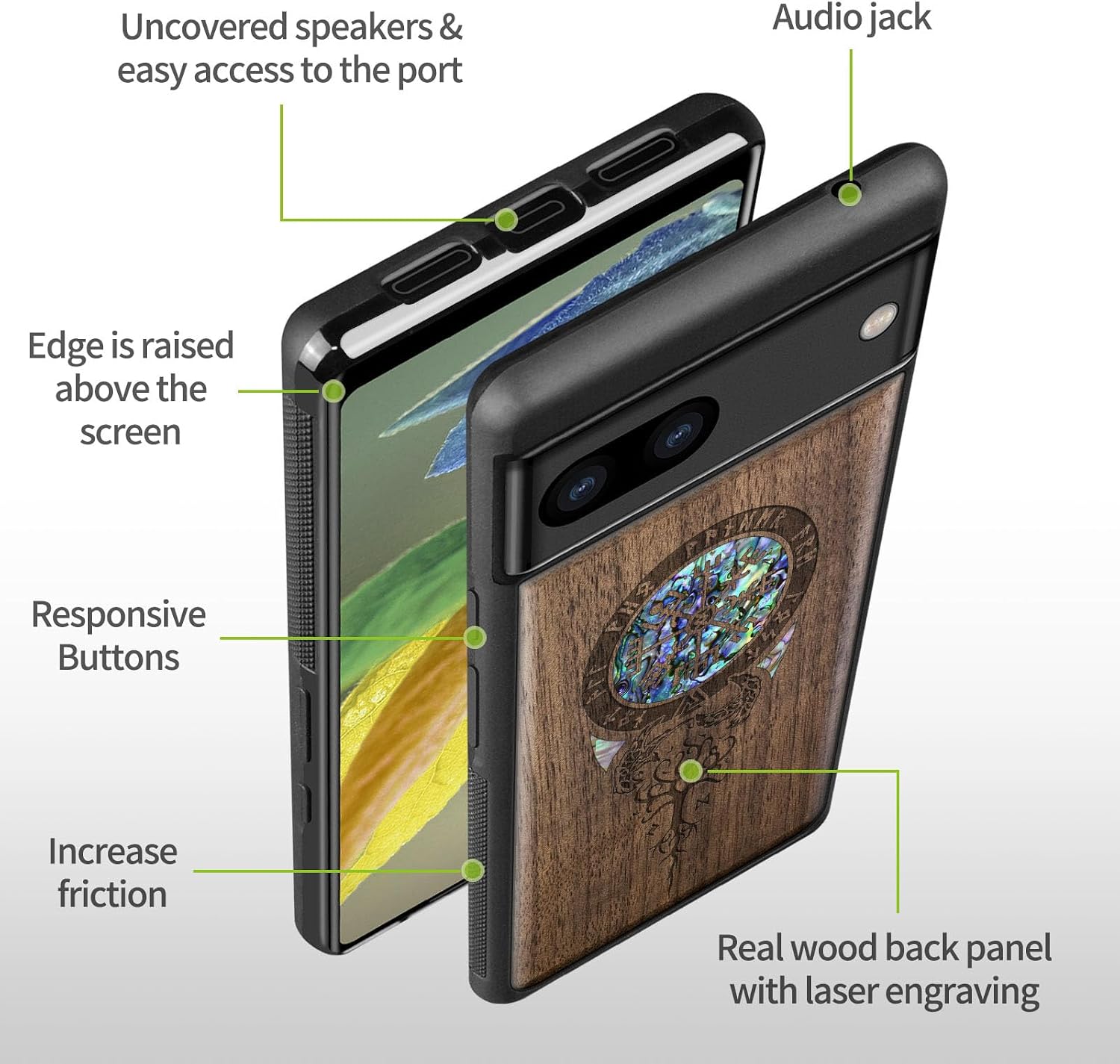Carveit Designer Wooden Case for Google Pixel 8a Case Cover [Wood Engraving & Shell Inlay] Compatible with Wireless Chargers Pixel 8a (Viking Symbol-Walnut)
