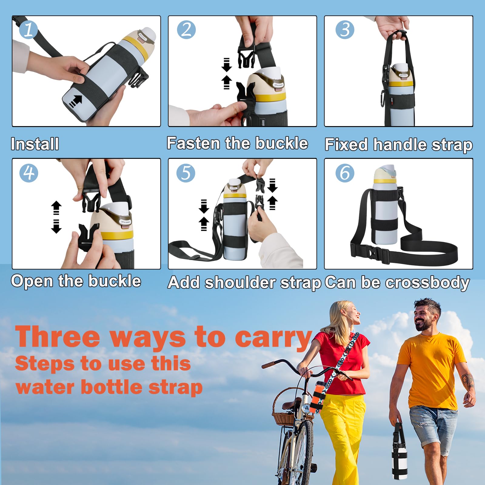 HEYSKAY 2 soportes para botella de agua con correa, correa de asa con correa de hombro ajustable y mosquetón de 12 a 24 onzas para botella de agua Hydro Flask Deportes Gimnasio Senderismo Camping