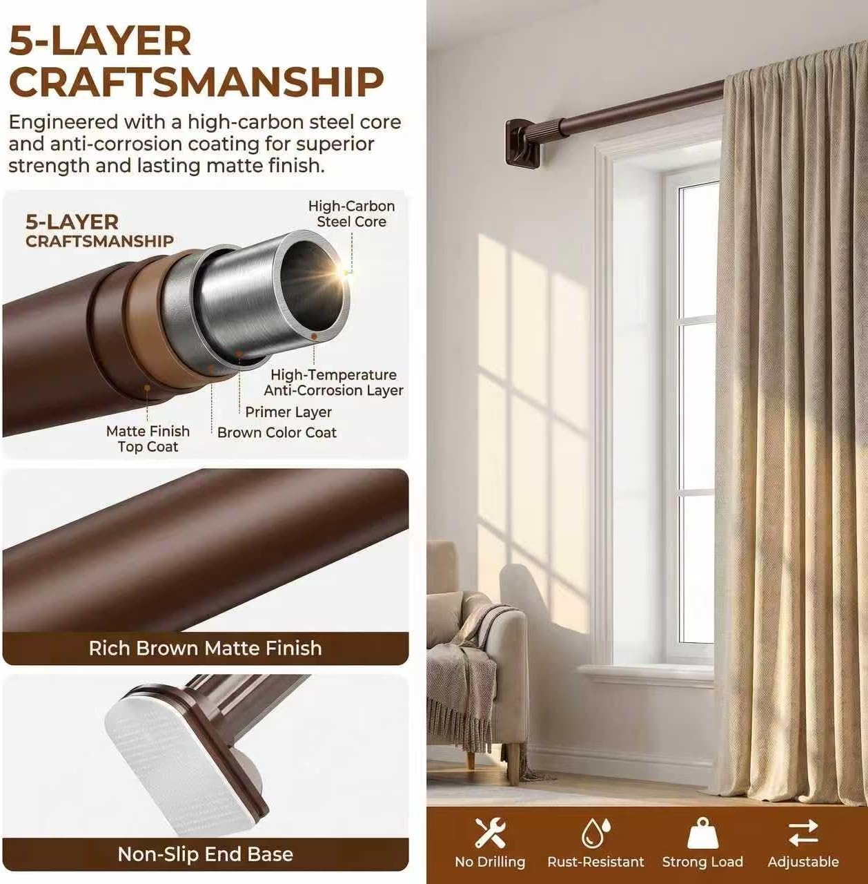 Room Divider Curtain Rod 43-122 inches,Adjustable Shower Curtain Rods,No Drilling,Closet Telescopic Poles,Expandable Balcony Tension Pole,Brown