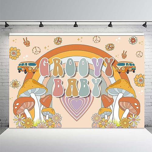 Miniatura 14 de MEHOFOND Telón de fondo de bebé Groovy de 7 x 5 pies, diseño de arco iris, retro, hippie, bohemio, niña, decoración de baby shower, amor de paz