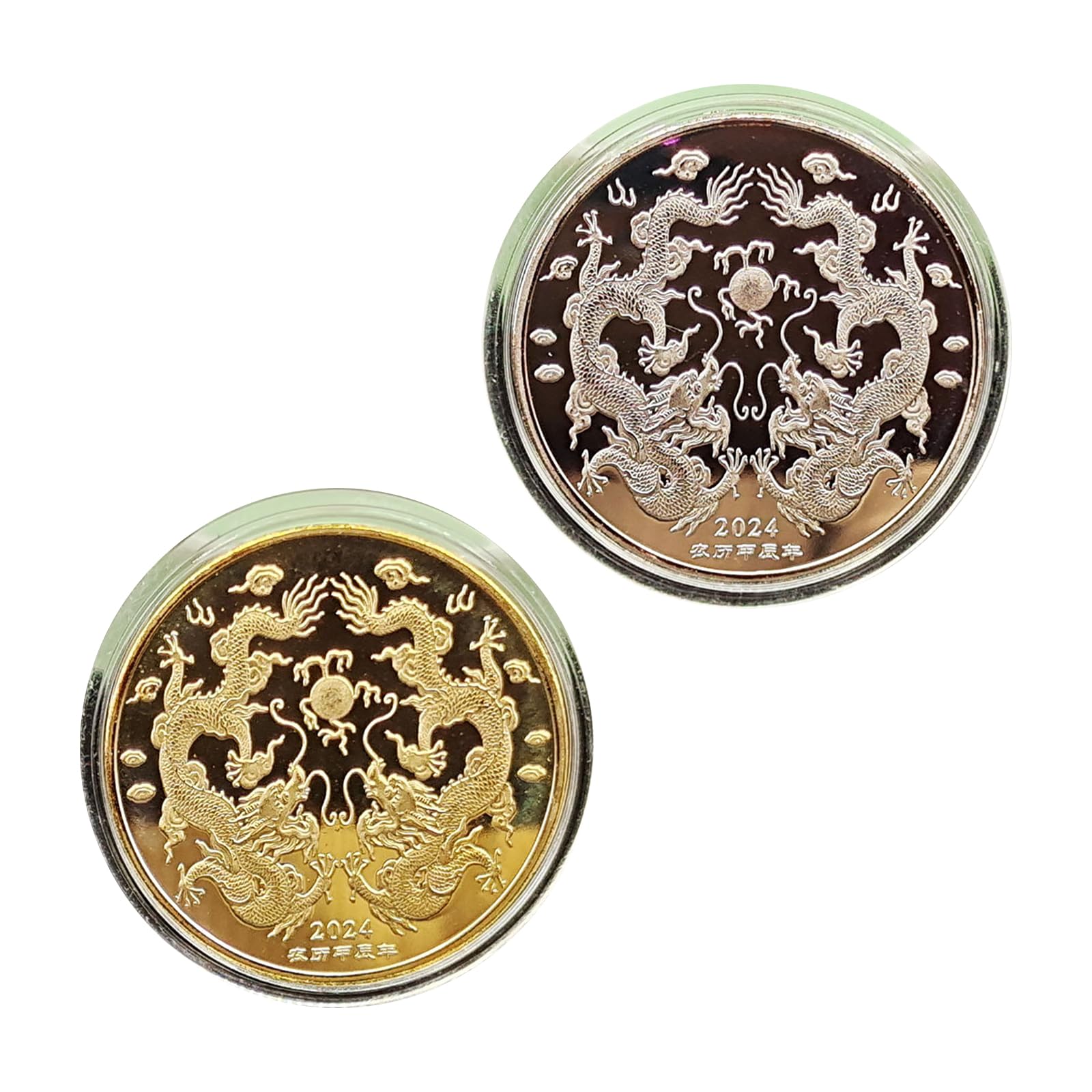 Pièce de Collection 2024 Année du Dragon Médaille commémorative du Zodiaque Chinois Plaqué Or et Argent Pièce de Collection Souvenir des mascottes Chinoises