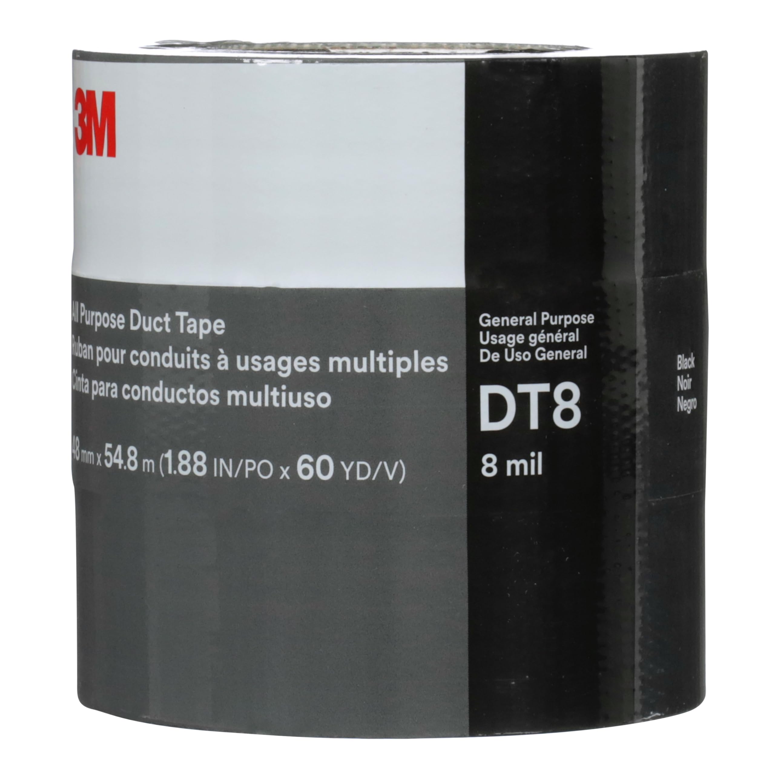 3M Cinta adhesiva DT8, paquete de 3, resistencia industrial, multiusos, negro, 1.9" x 60 yardas, adhesivo de grado profesional