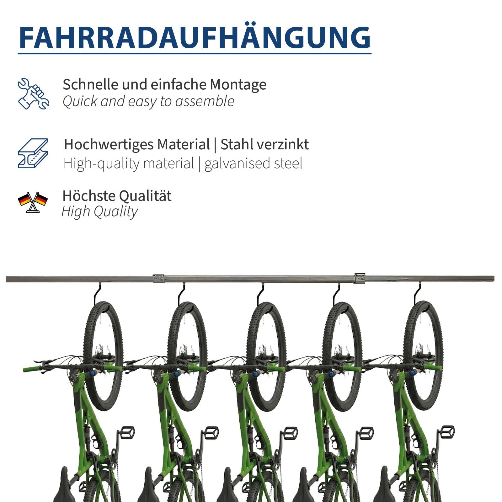 ATTAS Soporte de techo para bicicleta, riel de 1 metro, 5 carros con gancho para bicicleta, acero galvanizado, soporte para 5 bicicletas | Soporte para bicicleta con 5 ganchos y soporte de techo