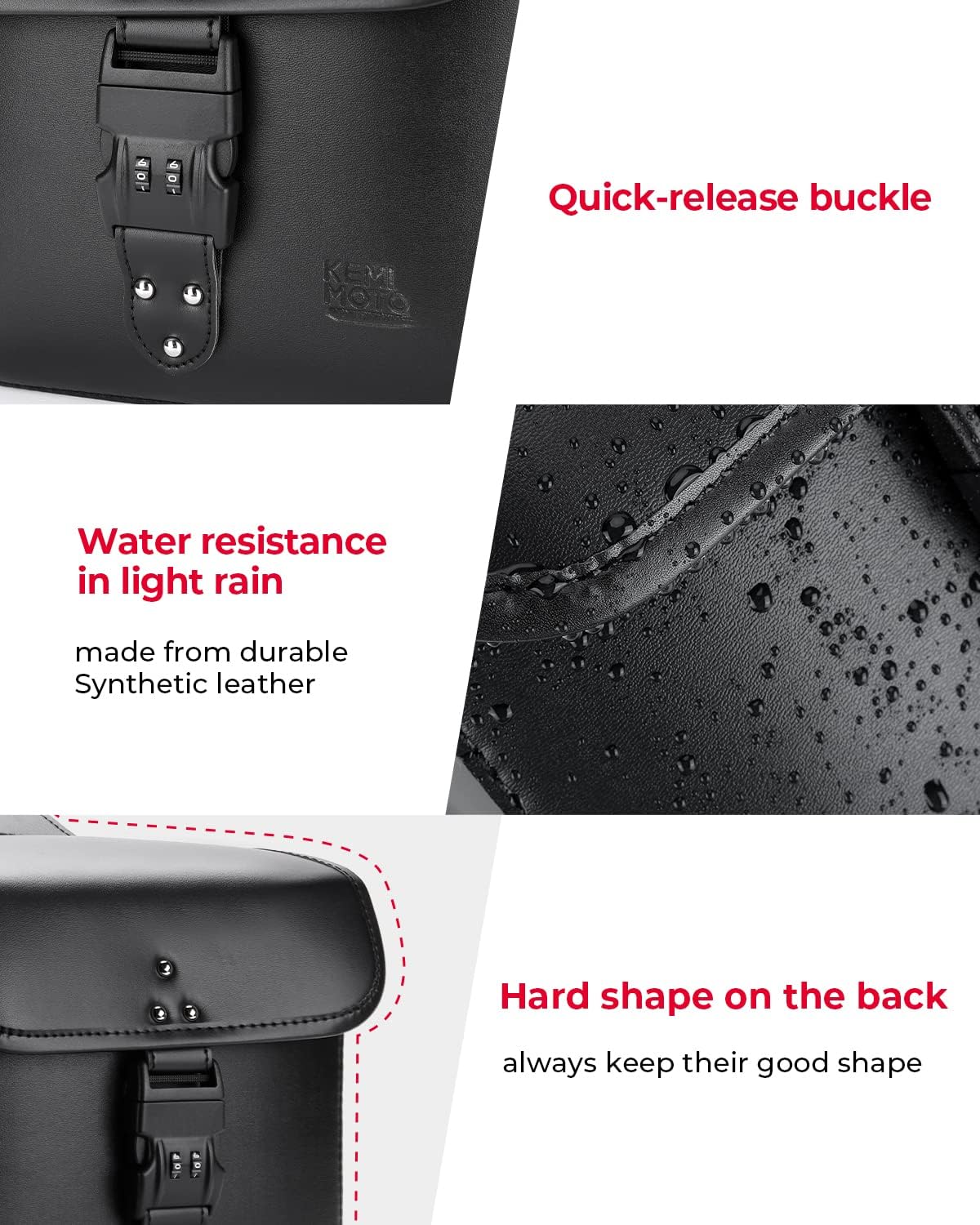 KEMIMOTO Motorcycle Saddlebags with Secure Lock & Quick-Release Buckles 15L (7.5Lx2) PU Leather Throw Over Hard-Shell Side Bags Universal Fit for Sportster Softail Rebel Dyna Cruiser