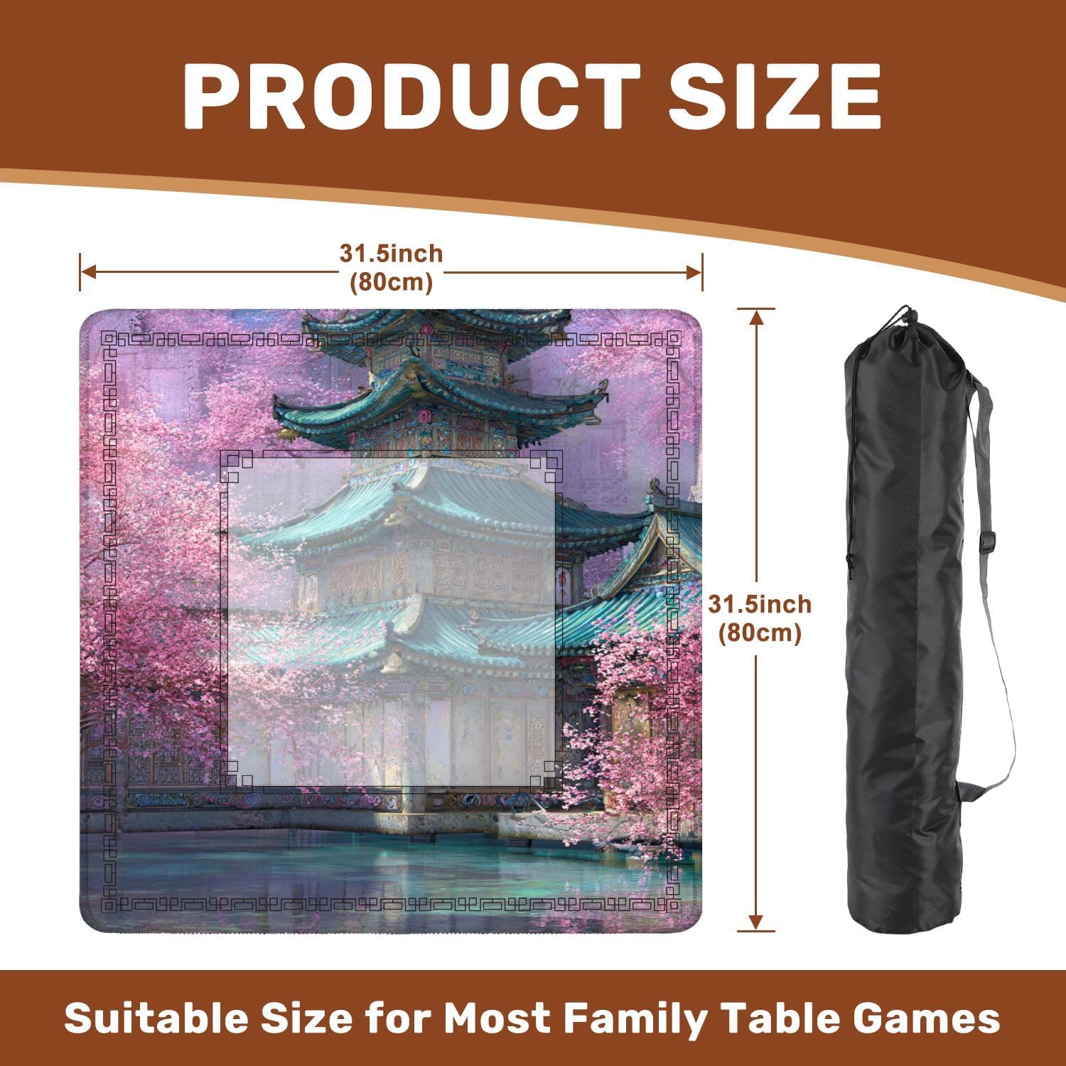 Mahjong Mat for Table Floral Scene Ornate Chinese Pagoda Soft Ethereal Glow 31.5" x 31.5" Non-Slip Noise-Reducing Game Mat Premium Mahjong Accessories for Poker Dominoes Hosting