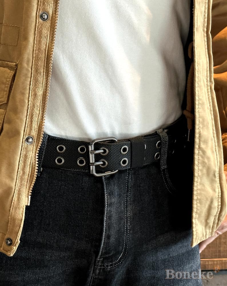 Nylon Web Belts, Double Hole Grommet Canvas Waist Belt for Men & Women Punk Halloween Belt for Jeans Teenager Unisex Black - Image 2