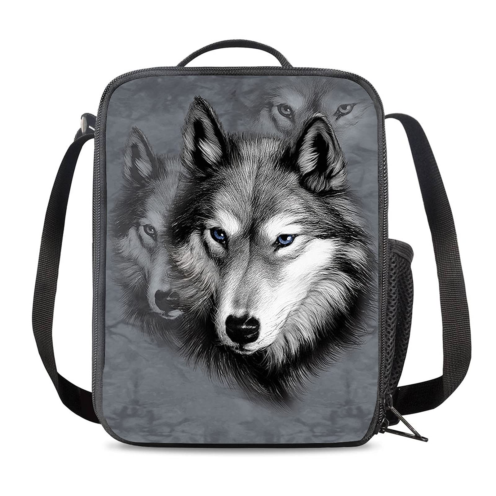 NETILGEN Gray Wolf Head Unisex Kids Back to School Messenger Bags Lunch Box Portable Thermal Foldable Cool Bag for Adults Picnic Office Camping Travel Outdoor with Small Pockets for Water Bottle