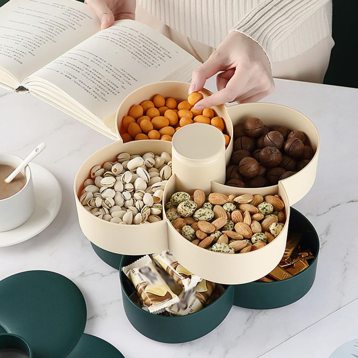 Toyvian Plateau de Rangement Ménager à Deux Niveaux en PP Vert, Étanche avec Couvercle Hermétique, pour Snacks et Desserts à Domicile Bureau
