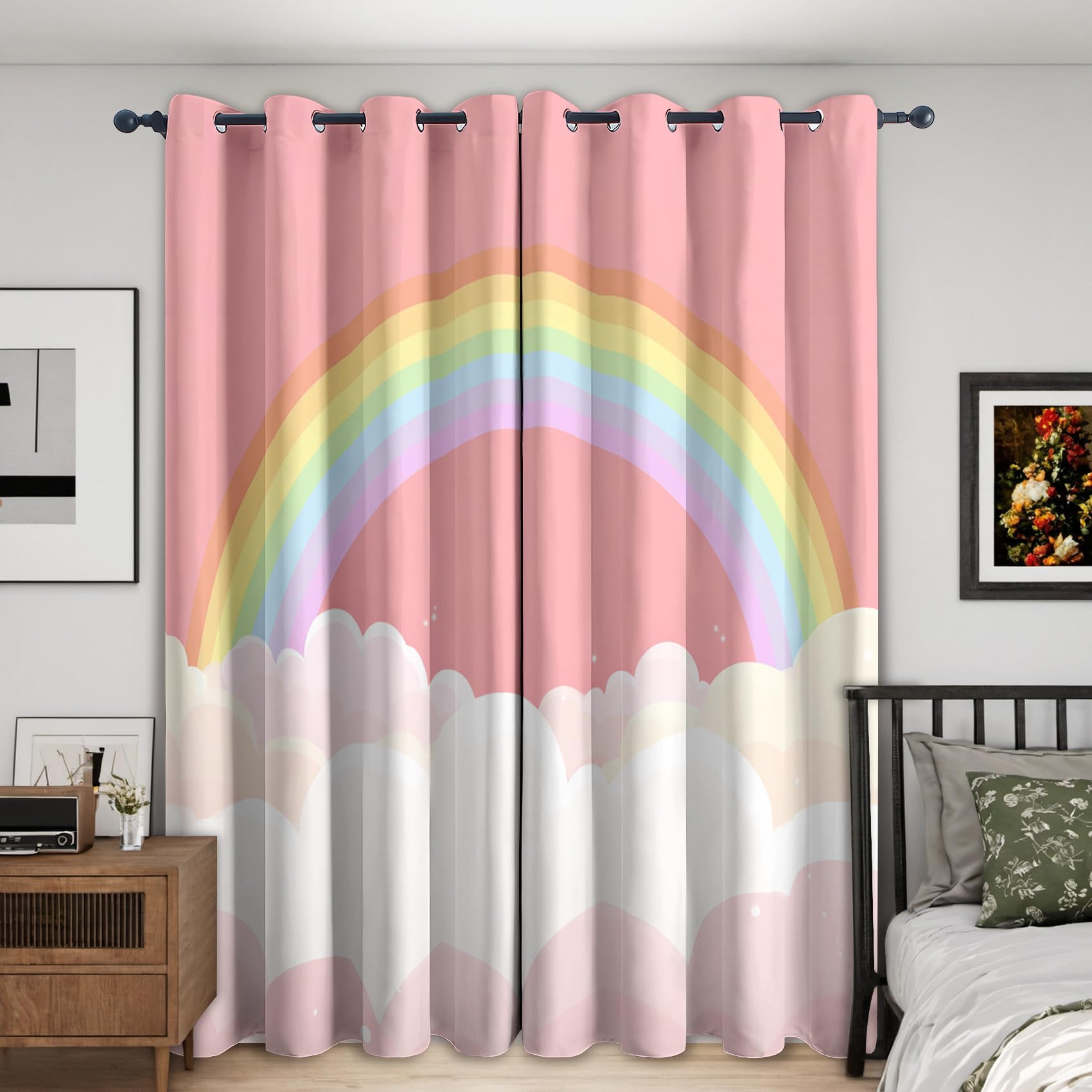 Générique Rideau Occultant Nuage Arcs en Ciel, 75 x 166(LxH) 2 Pieces, Opaque 95%, Motif Rose Mignon, Rideaux Fenetre Thermiques à Oeillets, Decoration Maison Salon Chambre CHE11