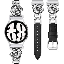 Minyee Leather Band Compatible with Samsung Galaxy Watch 7/6/5/4/FE/Active 2 40mm 44mm/Watch 6 Classic 43mm 47mm/5 Pro 45mm Women, 20mm Dressy Slim Elegant Metal Chain Strap with Bling Camellia Charms