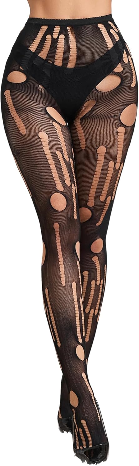 ohyeah Sexy Tights High Waisted Pantyhose for Women Sheer Black Tights Plus Size Fishnet Stockings Holes Leggings (90-265Lbs)