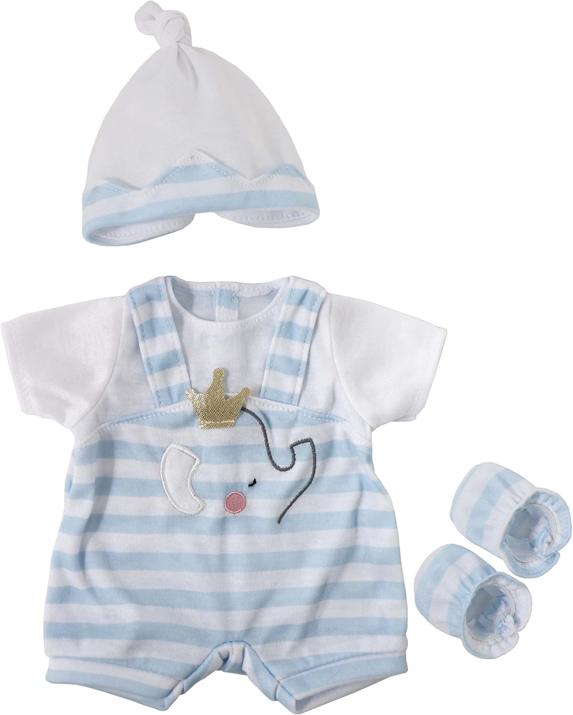 JC Toys | Berenguer Boutique | Baby Doll Outfit | Blue Stripes and White Overall Shorts | Includes Headband and Booties | Ages 2+ | Fits Dolls 14"- 16"