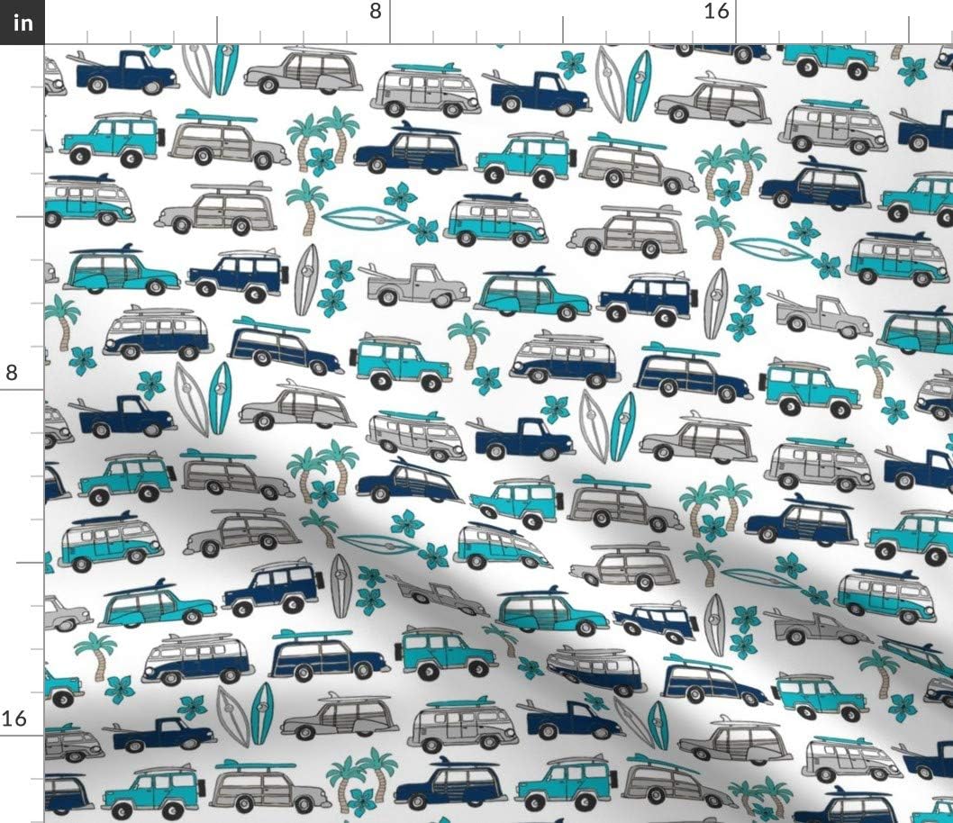 Spoonflower Fabric - Surf Trip Vacation Surfing California Tropical White Blues Surfboard Printed on Petal Signature Cotton Fabric by The Yard - Sewing Quilting Apparel Crafts Decor