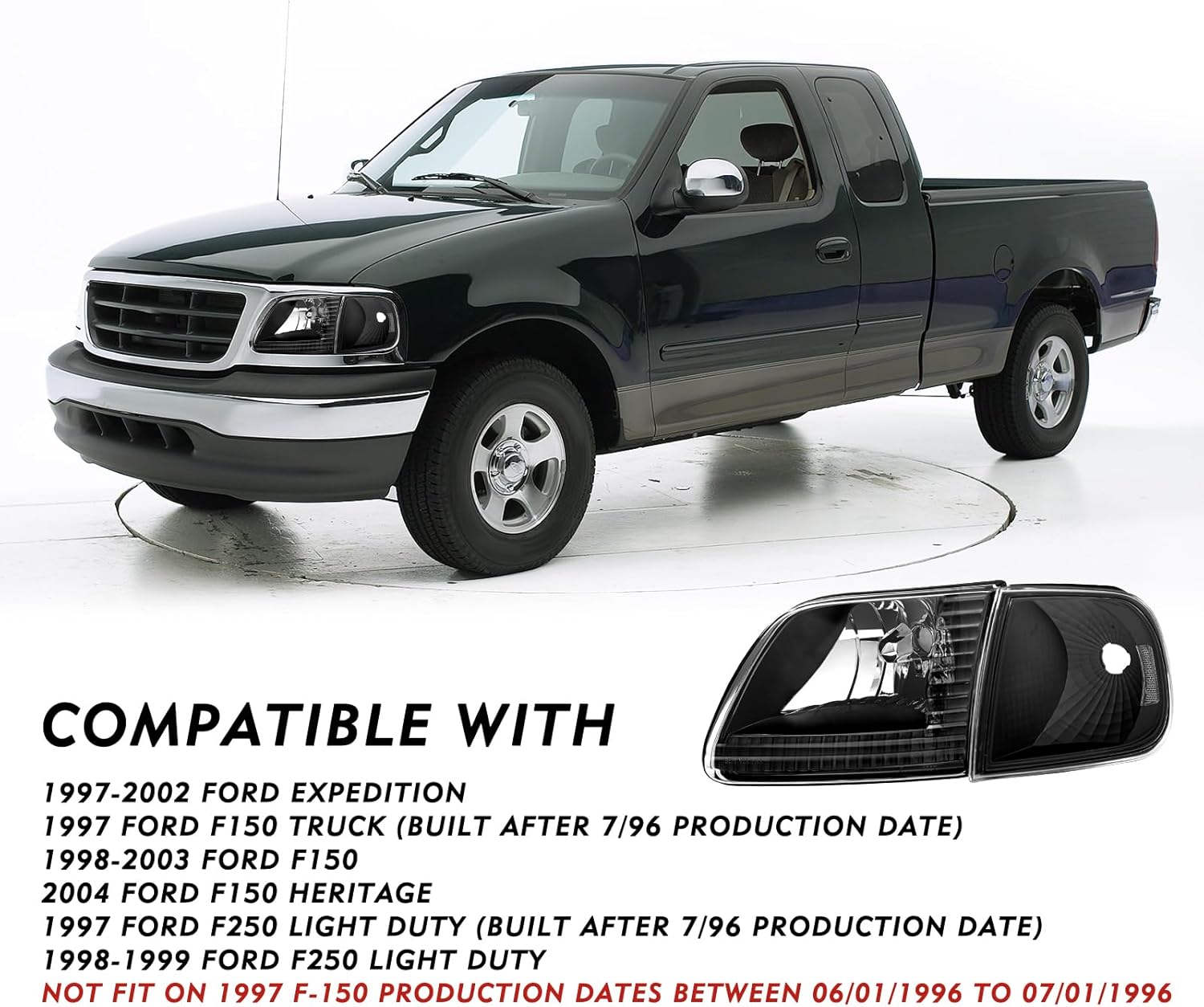 Headlight Assembly Compatible with 97-03 Ford F150 / 04 Ford Heritage / 97-02 Ford Expedition / 97-99 Ford F250 w/Corner Lights 4pcs, Black Housing with Clear Reflector