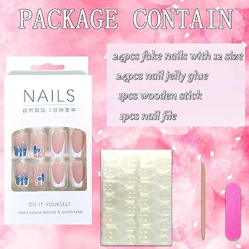 French Tip Square Medium Press on Nails 24Pcs Glossy Full Cover Artificial Glitter Fake Nails with Blue Heart Designs Acrylic Coffin False Nails Glue Fingernails with Charm for Women Girls
