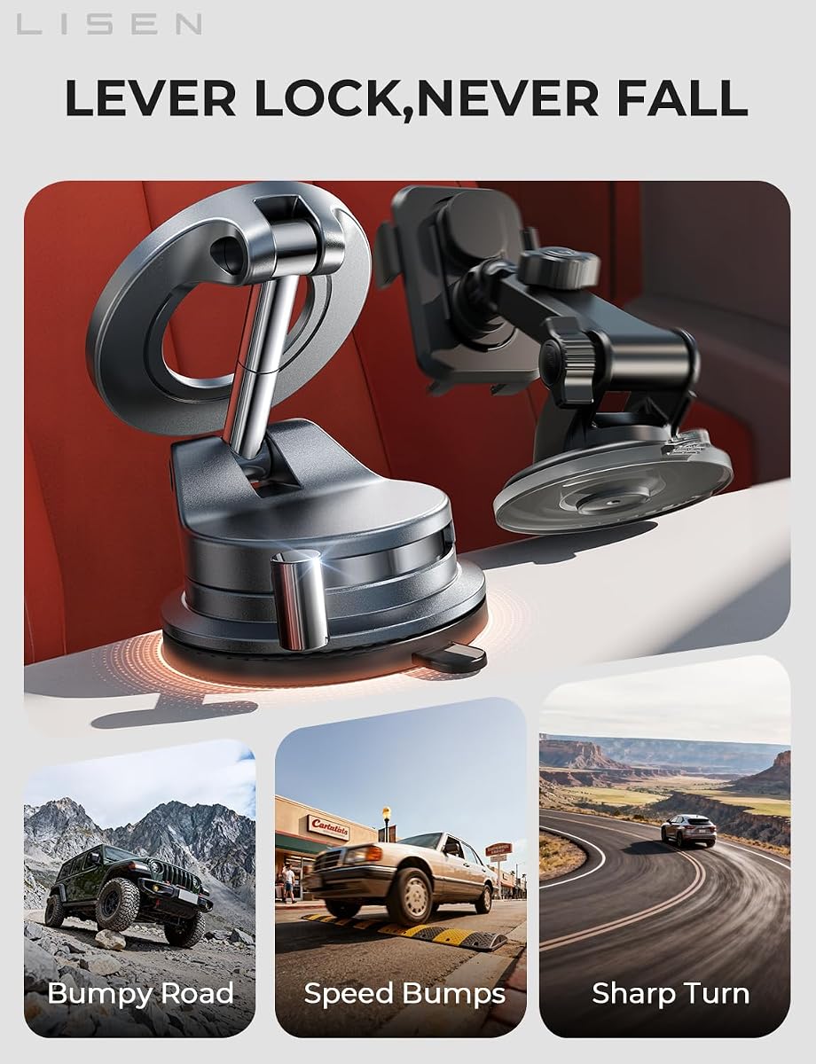 LISEN for MagSafe Car Mount [3800gf Strong Magnet & 90+LBS Suction] 360° Adjustable Vacuum Magnetic Phone Holders for Your Car, for iPhone 17 Pro Max 16 15 14 13 12 Plus Air for All Smartphones Black image 1