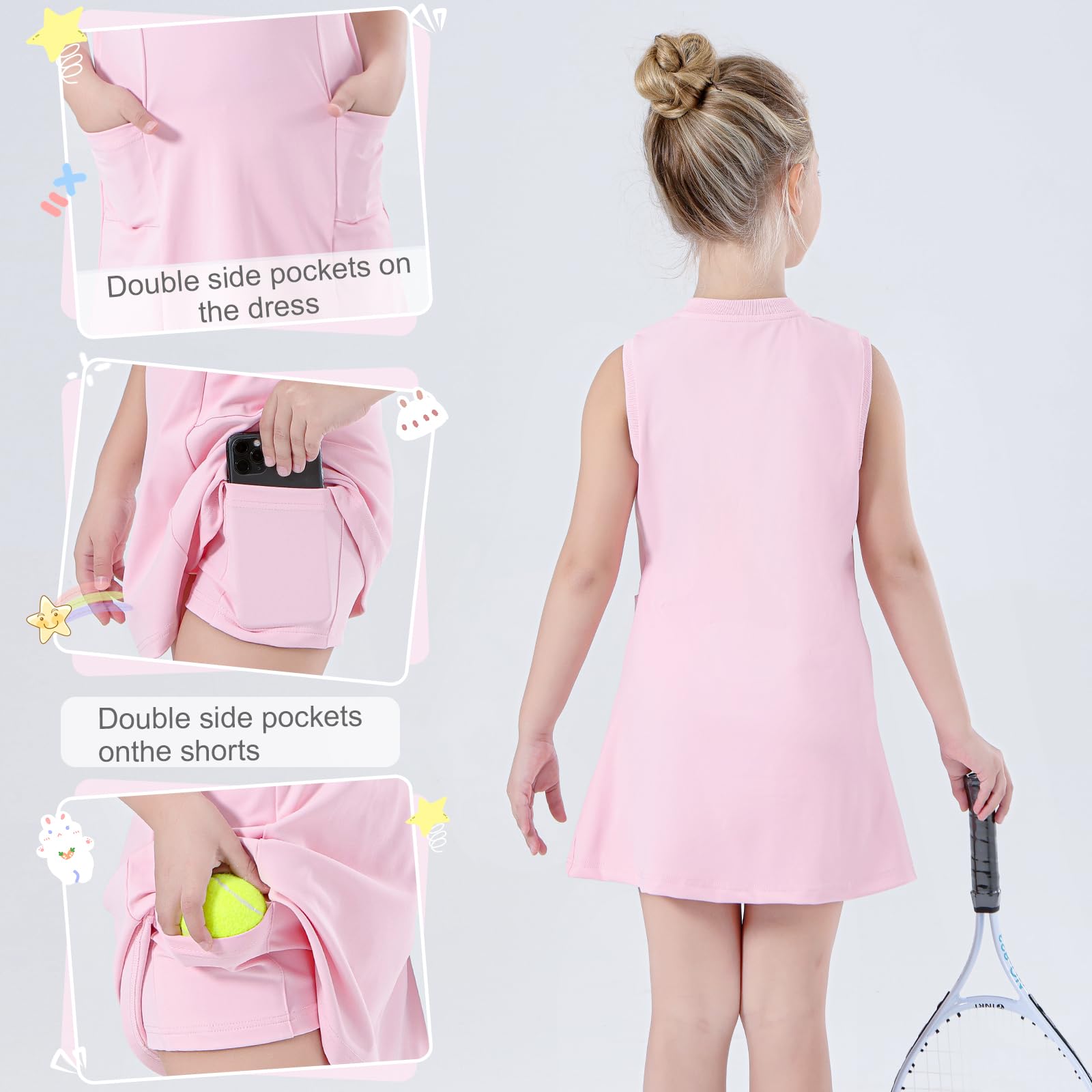 Bezioner Robe Tennis Filles Zip Robe Sport avec Short et 4 Poches Vêtements de Golf sans Manches Tenue Tennis pour Enfant