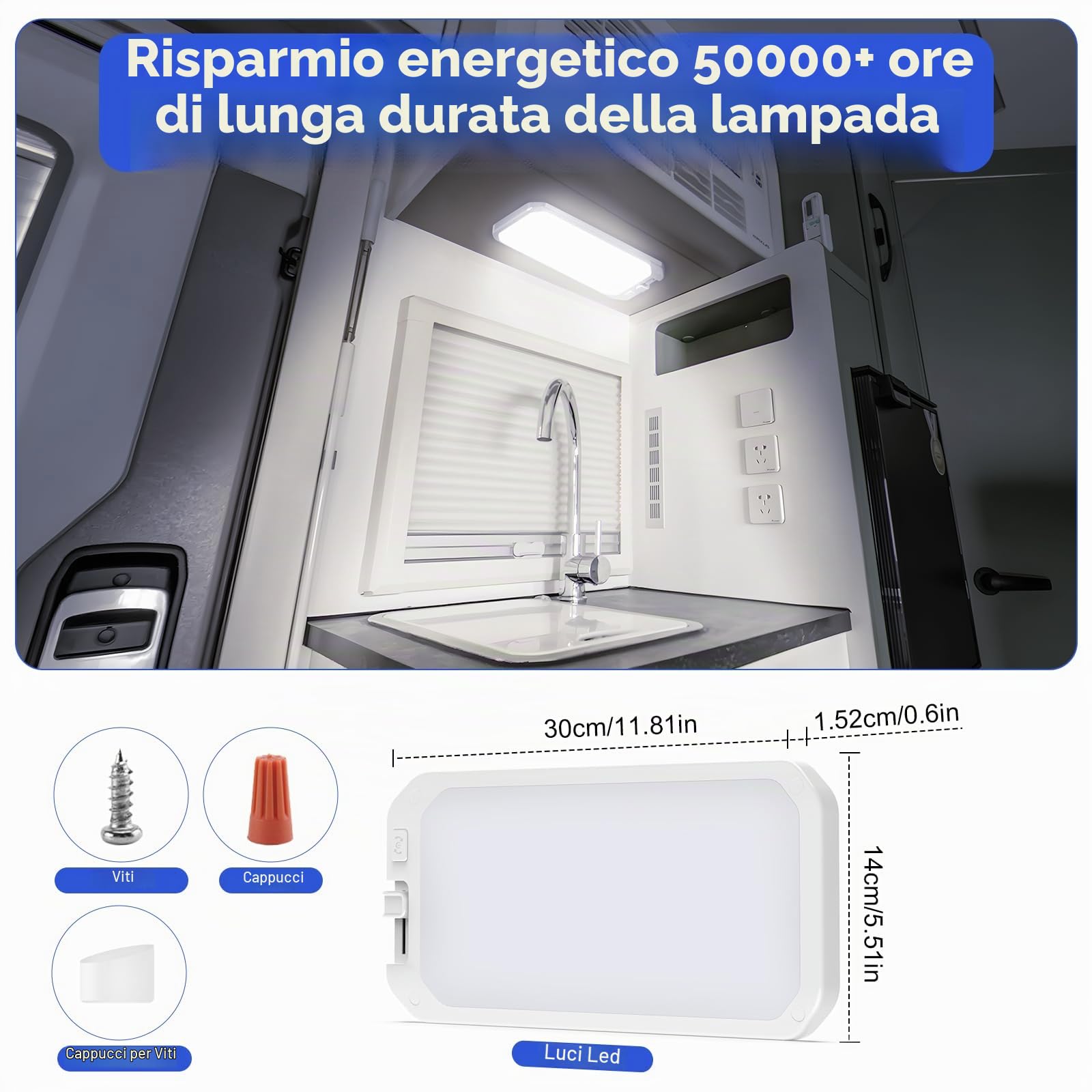 Plafoniera LED 12V Camper con Interruttore, 15W 1200LM Luci Camper Interno 12 V, 198 LEDs Plafoniera Interna per Rimorchio, Auto, Barca (Luce blu,1Pcs)
