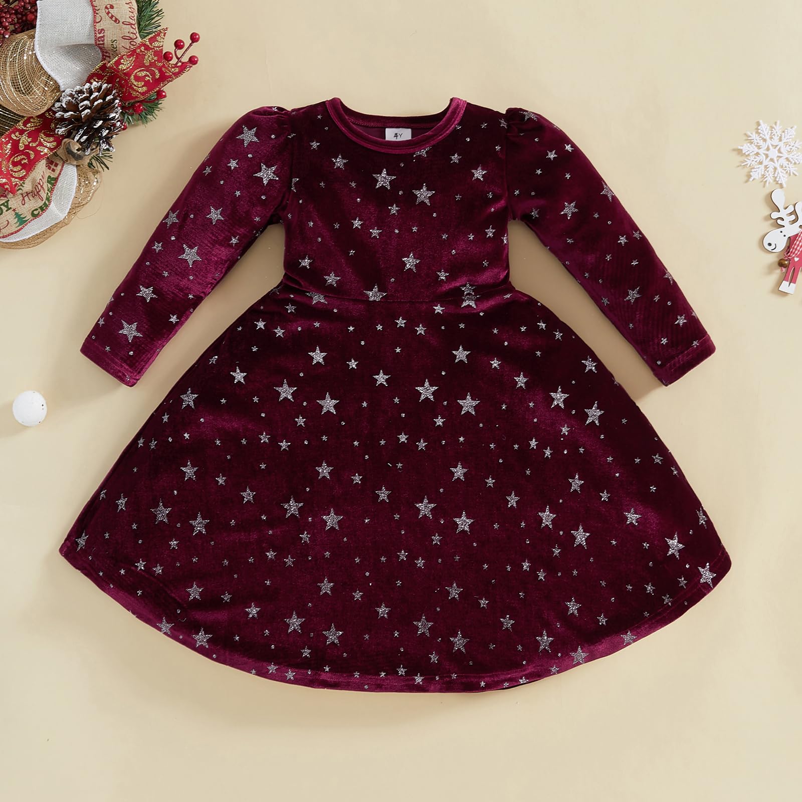 NANYKNIGHTY Baby Girl Christmas Dress Clothes Long Sleeve Party Tulle Dress Toddler Baby Girl Christening Dress (Christmas Star Red, 4-5 Years)