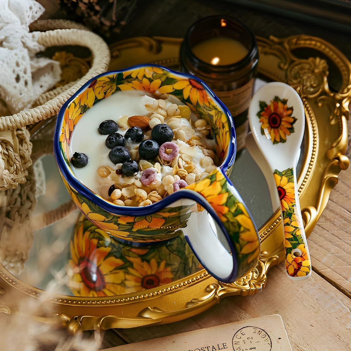 17.64 Oz Microwavable Soup Bowl with Handle, Hand Painted Sunflower Decorative Soup Bowls with Handles, Ceramic Soup Bowl with Spoon for Holding Fruits Cereal Snack, Chili, Ice Cream, Stew and Salsa