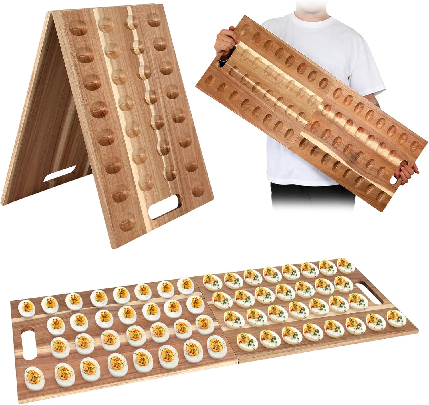 2-IN-1 Easter Acacia Wood Deviled Egg Platter with Handle 31.5 x 12'' Large Long Charcuterie Board Foldable Wooden Boards for Serving Food Serving Board for Easter Brunch & Party Decor, 60 Egg Slots